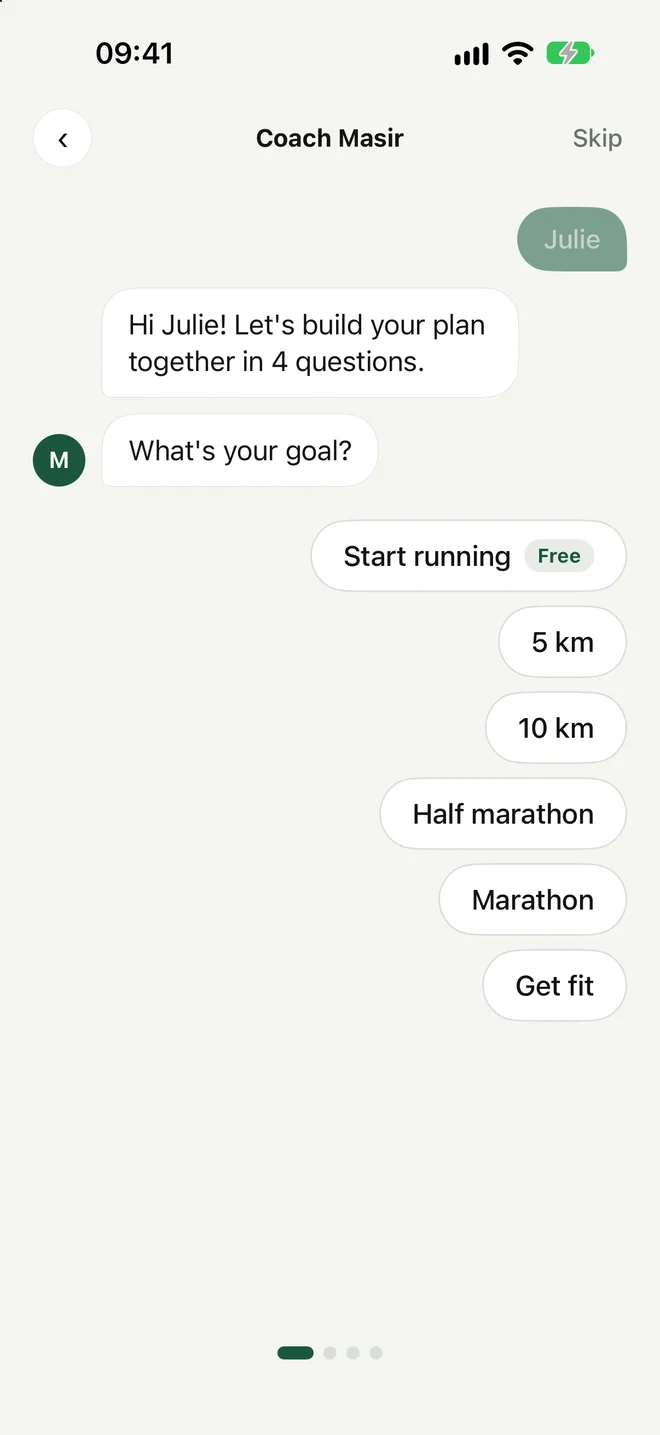 The start of the chat with the coach: “What is your goal?”, then the choices start running, 5K, 10K, half marathon, marathon, get fit.
